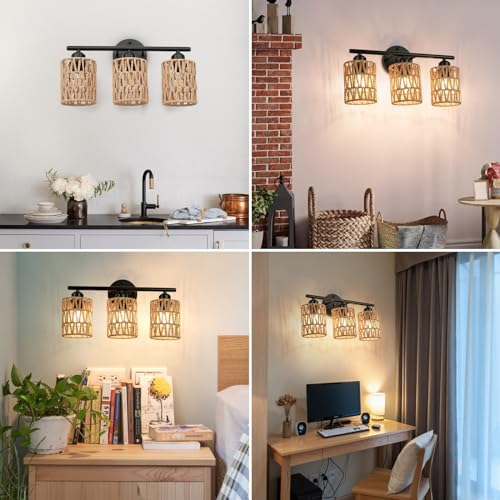 Bathroom Vanity Light Fixtures with Woven Rattan Shades - Matte Black Wall Sconces for Mirror, Bedroom, Living Room, Farmhouse Decor
