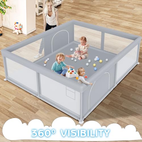 Large Baby Playpen 79x79 Inch - Grey, Safe Toddler Play Area