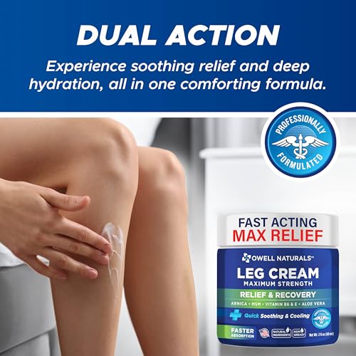 OWELL NATURALS Relief Legs Cream, Deep Penetrating Soothing Formula, Fast Acting & Maximum Strength with Arnica, Aloe Vera Vitamin E, for Muscles, Calf, foot, ankle, 2 oz (Pack of 2)