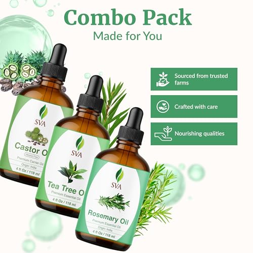 SVA Rosemary Essential Oil, Tea Tree Essential Oil and Castor Oil 4oz Bundle Super Saver Combo ? Premium Grade Value Set for Hair Oiling, Scalp Massage, Hair Care, Skin Care and Body Massage
