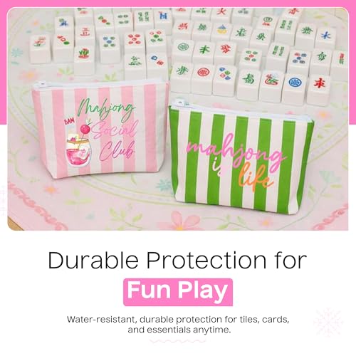 Aspen Lane Set of 2 Mahjong Tile Bags - Preppy Stripe Pink Cosmetic Pouch, 9"x7", Green Stripe Mahjong Gifts Mahjong Bag Mah Jongg Accessories,Mahjong Social Club Water Resistant