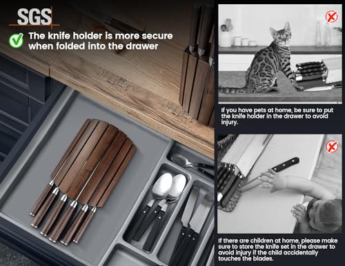 SYOKAMI 2026 Upgrade Kitchen Knife Set with Foldable Magnetic Acacia Wood Block - Sharp & Safe for Families