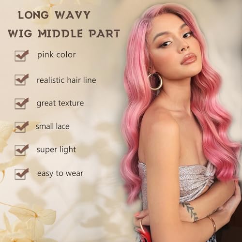 Pink Wavy Wig for Women, 26 Inch Light Pink Synthetic Hair, Natural Look & Heat Resistant - Variation: Pink