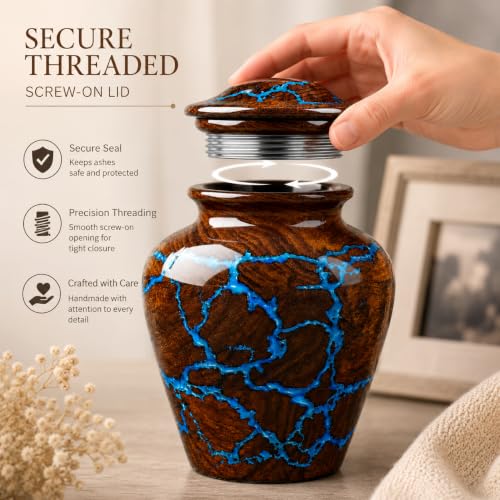 Small Cremation Urn for Human Ashes - Vintage Rosewood Keepsake Memorial - Blue Resin Inlay - 20 Cubic Inches
