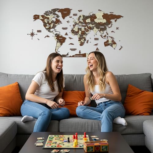 Multilayer 3D Wooden World Map Wall Decor - Travel & Office Gift, Mixed, 39.4 x 21.3 inches