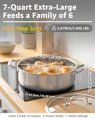 Large 7 Qt Deep Frying Pan with Lid - 12 Inch Stainless Steel Skillet