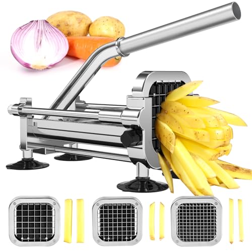 French Fry Cutter Manual with Interchangeable Blades - 1/2, 3/8 & 1/4 Inch
