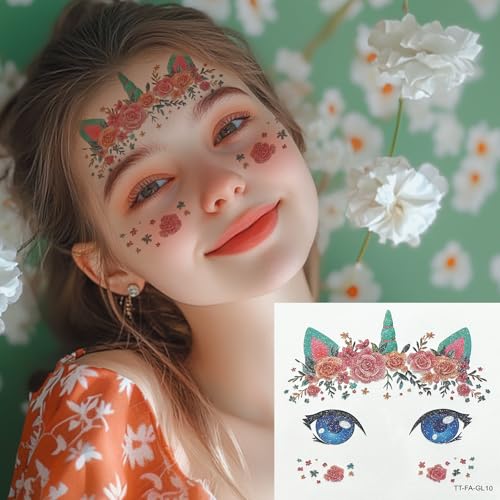Konsait 10 Sheets Glitter Face Tattoos Animal Fake Tattoos for Girls Face Makeup Tattoo Mermaid Butterfly Temporary Face Tattoo Birthday Halloween Makeup Stickers Party Favors