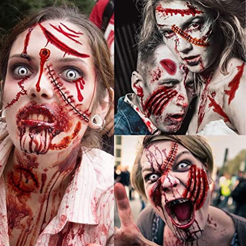 215+ PCS 30 Sheets 3D Fake Scars Tattoo Temporary Halloween Makeup Kit, Fake Stitches Tattoos Cut Scary Face Wound Blood Chucky Scars Tatoos For Kids Women Men Boys Girls Zombie Sticker