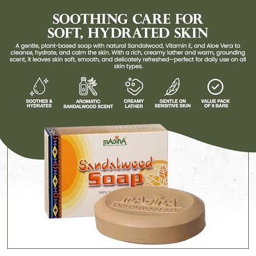 Madina Sandalwood Soap Bar ? Moisturizing, Gentle Cleanser, Aromatic Sandalwood, Vitamin E, Aloe Vera, 100% Vegetable-Based, For All Skin Types, 6 Pack (3.5 oz Each)