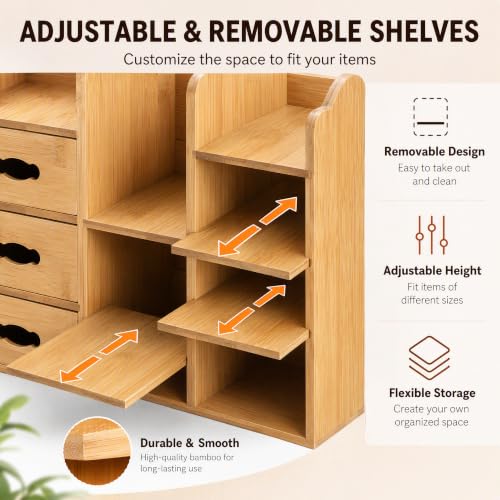 Large Bamboo Makeup Organizer with Drawers and Compartments for Vanity Storage