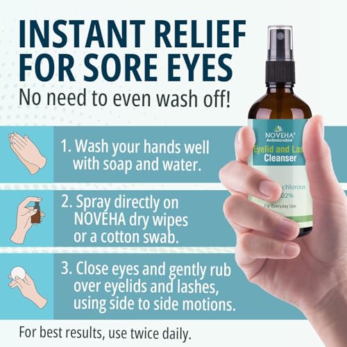NOVEHA Eyelid Cleanser | Stye Eye Treatment | Eye Lid Cleaning | Dry Eye Relief | Fast Acting Soothing Eyelid Cleansing Formula | Pure and Gentle Lash Hypochlorous Acid Eyelid Spray (4oz - 3 Pack)