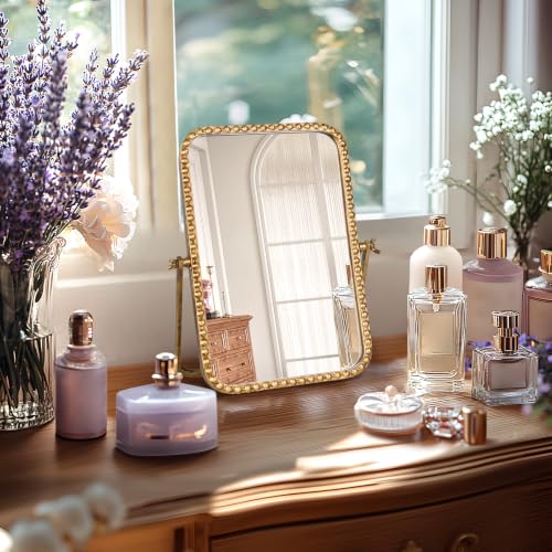 Small Vintage Rectangular Desk Mirror with Beaded Frame - Antique Gold, 12 x 7.9 inches