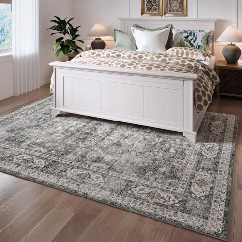 Large Washable Non-Slip Vintage Area Rug 8x10 - Grey, Boho Style