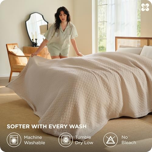 Linen Beige Twin XL Cotton Muslin Blanket - 8-Layer Diamond Quilt Bed Throw