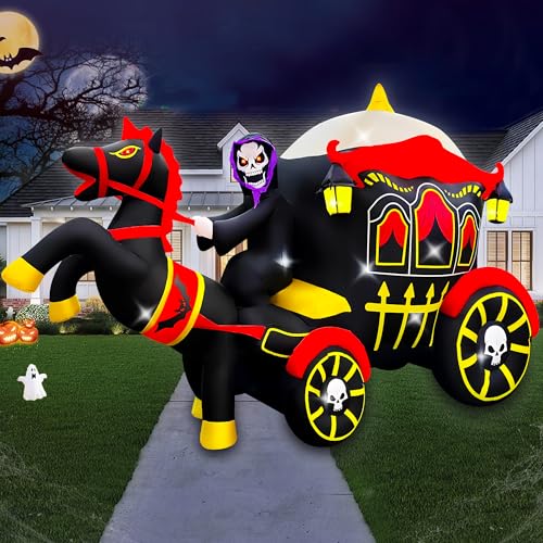 SEASONBLOW 10ft Halloween Inflatable Horse Carriage Yard Decor with LED Lights
