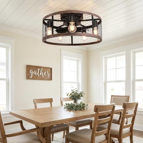 20-Inch Rustic Farmhouse Caged Ceiling Fan with Lights & Remote - Wood Flush Mount Variant