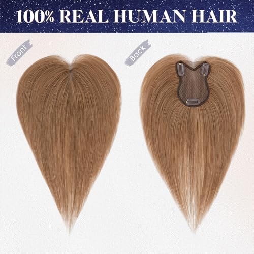 Elailite Human Hair Topper 11 Inch Light Brown Hand-Tied Lace Base Clip-In for Thin Hair - Variation #06