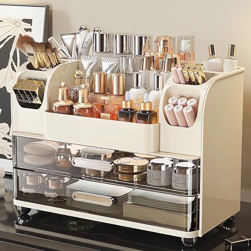 Cream Large Makeup Organizer with Drawers & Brush Slots - Vanity Storage