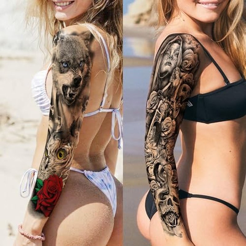 20 Sheets Wolf Beast Full Arm Temporary Tattoos For Men Women Thigh, Large Lion Tribal Eye Sleeve Tattoos For Adults, Long Lasting Temp Bulk Halloween Waterproof Fake Tattoo Stickers Nun Wolf Chicano