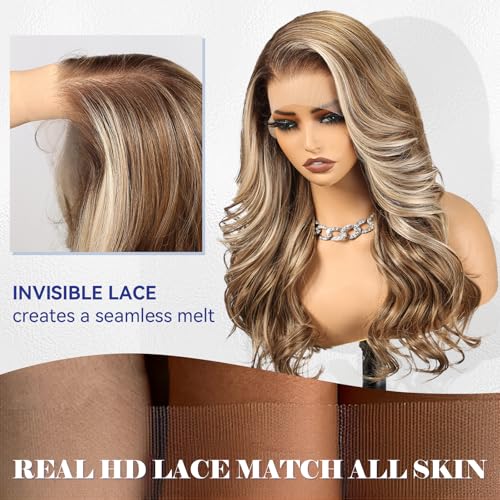 HD 13x6 Lace Front Synthetic Wig - 24 Inch Long Curly Brown Highlight Layered Wigs for Women