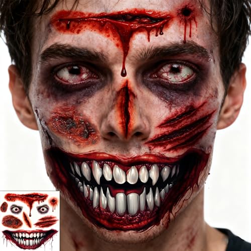 Halloween Zombie Tattoos Kit ? 6 Sheets (4 Zombie Tattoos + 2 Wound Tattoos) ? Fake Scars Temporary Tattoos for Adults, Women, Men ? Realistic Zombie Makeup Kit, Scary Halloween Makeup Accessories (A)