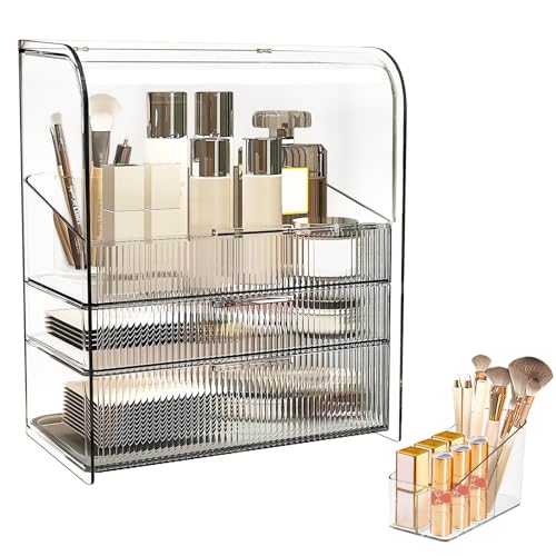DASITON Clear Cover Dustproof Three layers Storage Box,Makeup Brush Holder,Large Capacity Desktop Storage Box with Drawer,for Beauty Products,Perfume,Jewelry,Nail Polish