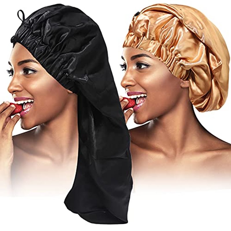 2PCS Satin Hair Braid Bonnet, Extra Long Foldable Bonnet with Button, Single Layer Sleep Cap for Black Women & Dreadlocks (Black+Khaki)