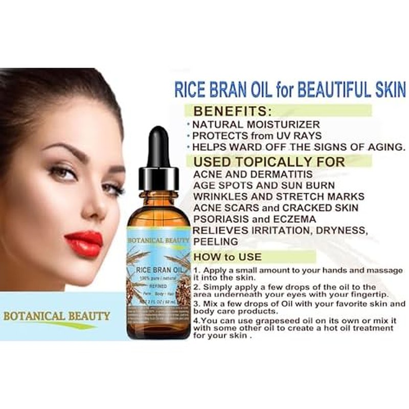 Botanical Beauty RICE BRAN OIL 100% Pure Natural Refined Undiluted Cold Pressed Carrier Oil for Face, Skin, Body, Hair, Massage, Nails. (1 Fl Oz)