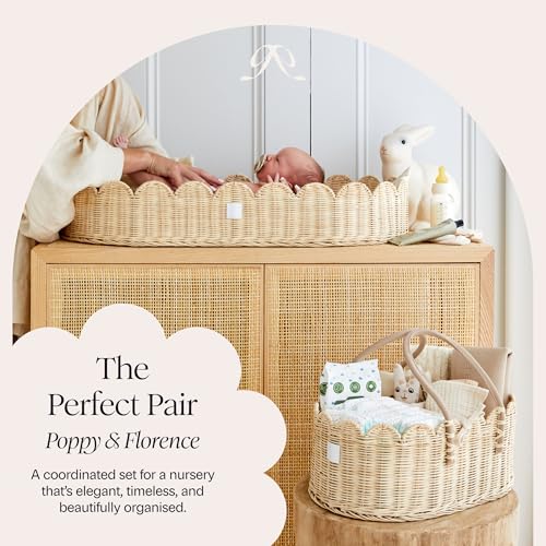 Natural Baby Diaper Caddy Organizer with Scalloped Rattan & Removable Divider - Stylish & Multi-Purpose
