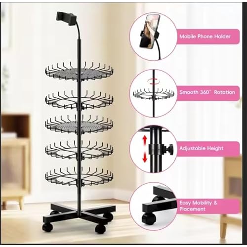Braiding Hair Rack Standing with 140 Pegs, Height Adjustable Hair Extension Holder with Wheels, Braiding Rack Stand for Hair with Phone Holder for Displaying & Separating Hair (Black)