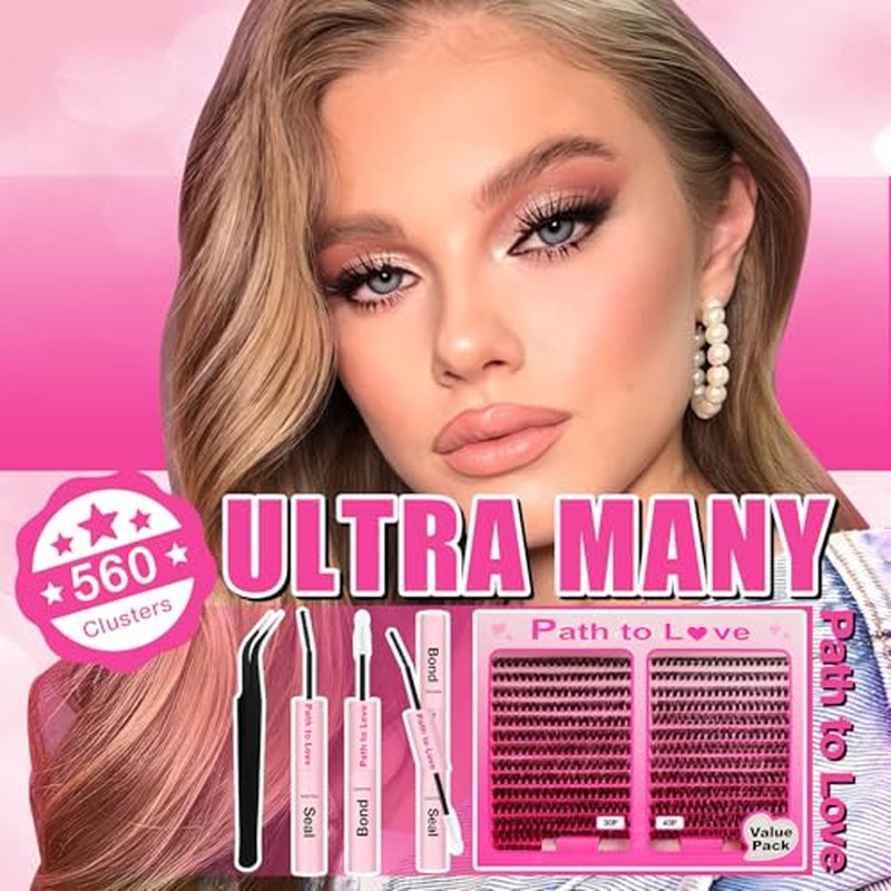 560pcs Lash Clusters Kit with Bond,Seal and Tweezers, Eyelash Extensions 9-16mm, D Curl, 30D+40D Natural Wispy Cluster False Soft Individual Lashes
