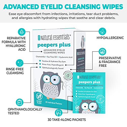 Natural Essentials Peepers Plus Eyelid Wipes Unscented/Tea Tree 30 Count - Rinse-Free Eye Care