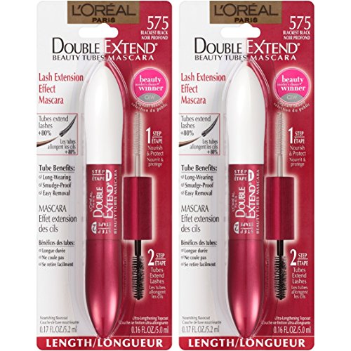 L'Oreal Paris Double Extend Tubing Mascara 2-Step Lengthening, Blackest Black, Pack of 2, 0.17 fl oz