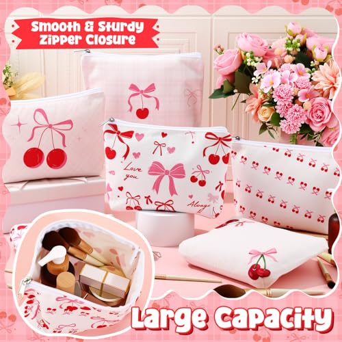 Kacctyen 18 Pcs Pink Cherry Bow Coquette Makeup Bag Cute Bow Canvas Cosmetic Bag International Womens Day Gifts for Women Girl with Zipper Aesthetic Travel Pouch Birthday Party Favor