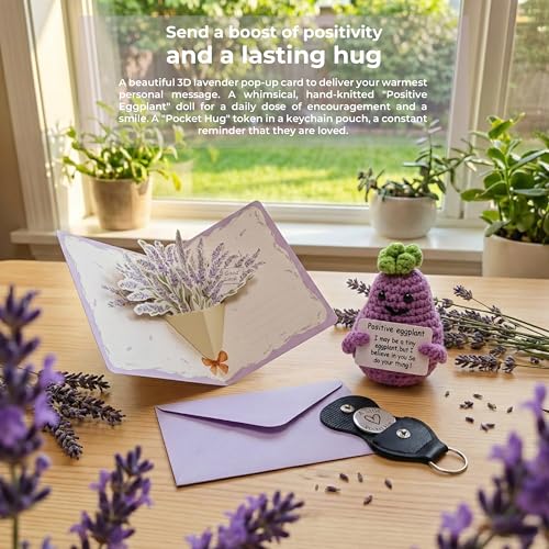 Birthday Gifts for Women, Self Care Hug in a Box Lavender Spa Gift Basket, Thinking of You Inspirational Gift for Wife Mom Sister New Mom or Friend with Flannel Blanket Knitted Eggplant and Pocket Hug