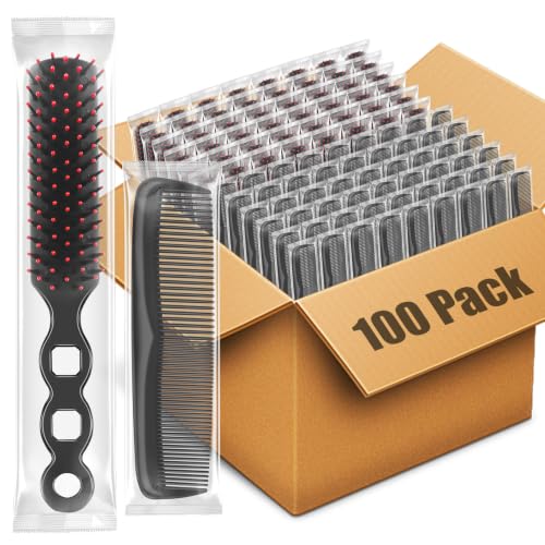 100 Pack Bulk Disposable Hair Brushes & Combs Set for Travel & Hygiene - Black