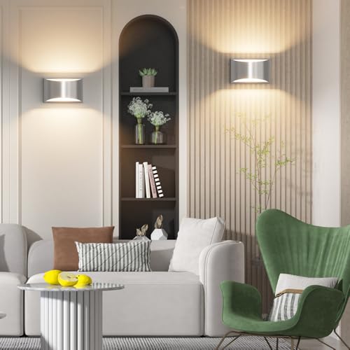Nickel Modern LED Wall Sconce Set of 2 - Up & Down Indoor Wall Lights for Living Room & Bedroom