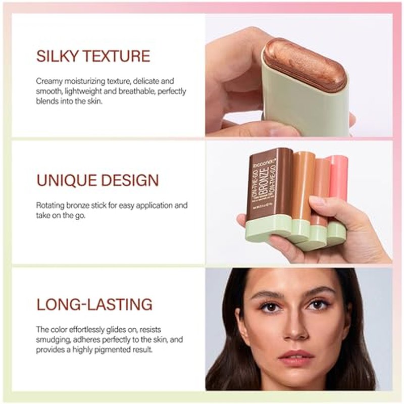 Bronzer Stick, Facial Contouring Stick,Cream Contour Stick, Facial Contouring Stick,Highlight Contour Makeup Long Lasting, Face Bronzer, Face Shaping,02,Rich Glow&04,Beach Glow