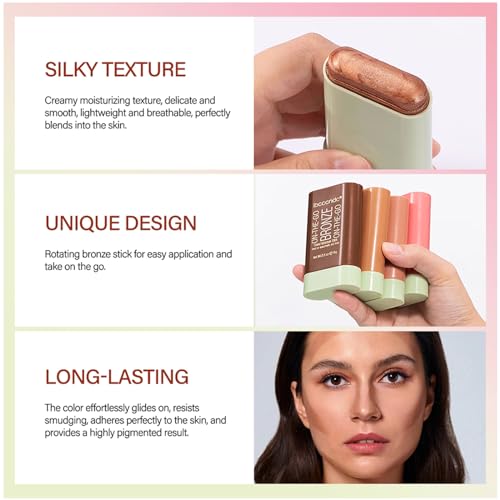 Bronzer Stick, Facial Contouring Stick,Cream Contour Stick, Facial Contouring Stick,Highlight Contour Makeup Long Lasting, Face Bronzer, Face Shaping,02,Rich Glow&04,Beach Glow