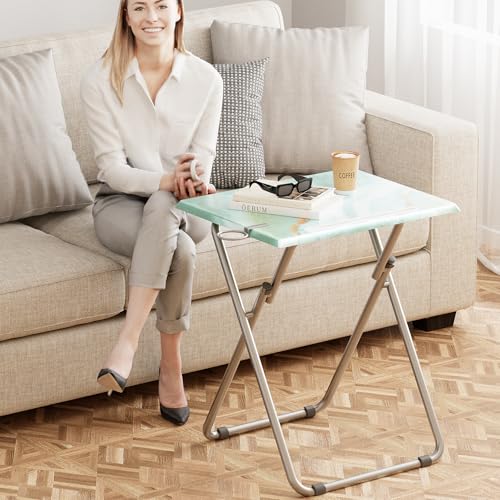 Sea Blue Marble Folding TV Tray Table Set of 4 - Portable Snack & Dinner Tables