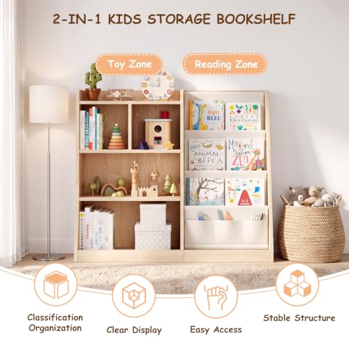Kids Bookshelf with Front Book Rack and Open Storage - Solid Pine, Triangle Design
