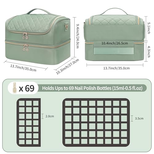 CUBETASTIC Nail Polish Organizer, Nail Tech Organizers and Storage Case Holds 69 Bottles Nail Polish & Nail Lamp, Travel Nail Supplies bag for Nail Tech Kit & Manicure Tools, Green