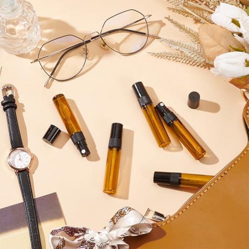BENECREAT 30pcs 5ml/0.17 oz Mini Amber Glass Spray Bottle, Refillable Fine Mist Sample Bottle Small Travel Spray Bottle for Perfume, Liquid Cosmetics, Essential Oils