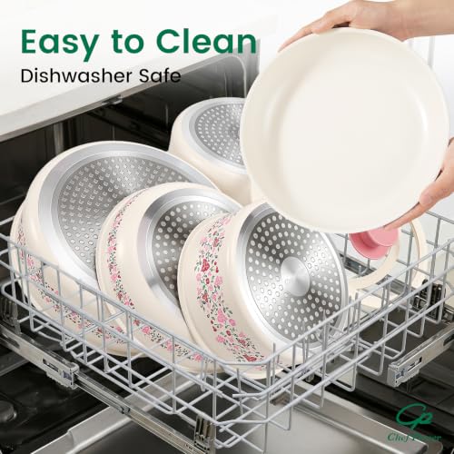 White Ceramic Cookware Set 14Pcs Non-Toxic Detachable Pans and Pots