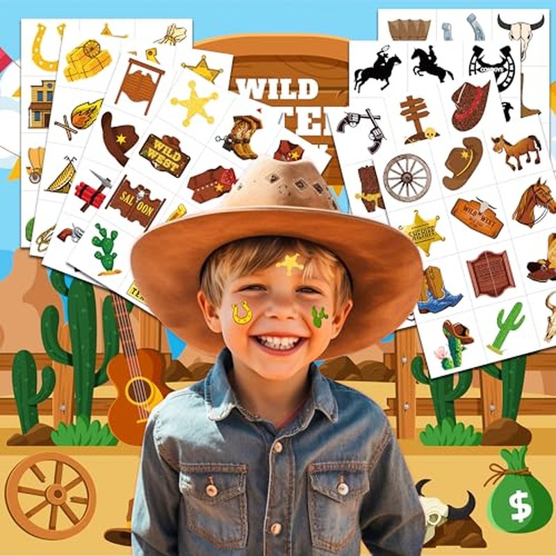96 PCS Western Cowboy Pre-Cut Temporary Tattoos for Kids First Themed Birthday Party Supplies Favors Decorations 8 Sheets Super Cute Fake Tattoo Stickers Gifts For Boys Girls School Rewards