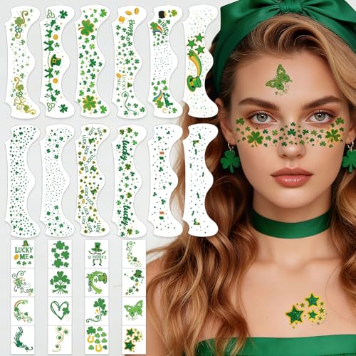 28PCS St. Patrick's Day Glitter Face Temporary Tattoo, Glitter Gold Green Freckles Shamrock Face Stickers, Saint Patricks Fake Tattoos for Adult Women Girls, St. Patrick¡¯s Day Makeup Accessories