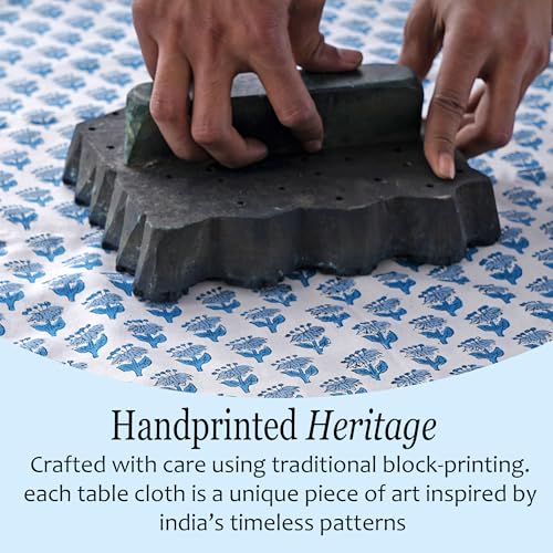 CPC Apatite Blue Hand Block Printed Cotton Rectangular Tablecloth 70x118 Inch