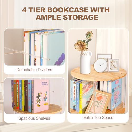 4-Tier Natural Round Rotating Bookshelf - 360° Spinning Book Tower with Solid Wood & Clear Acrylic