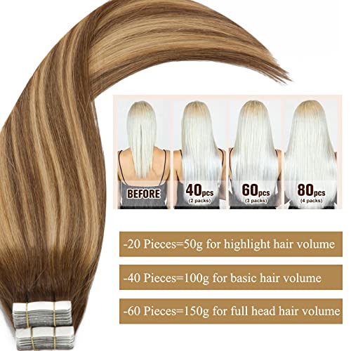 Hair Extensions Tape in Human Hair 14 Inch Chocolate Brown & Caramel Blonde - 20pcs